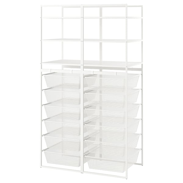 A white JONAXEL storage system. It multiple shelves with wire mesh baskets for organised storage.