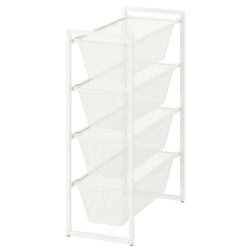 A white JONAXEL storage rack with five mesh baskets, ideal for organising items in bathrooms or laundry rooms.