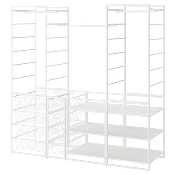 A white JONAXEL storage system with shelves and wire baskets, perfect for organising clothes and accessories.