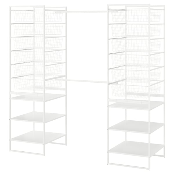 The JONAXEL white storage system, featuring wire baskets and shelves, ideal for organised storage in various rooms.