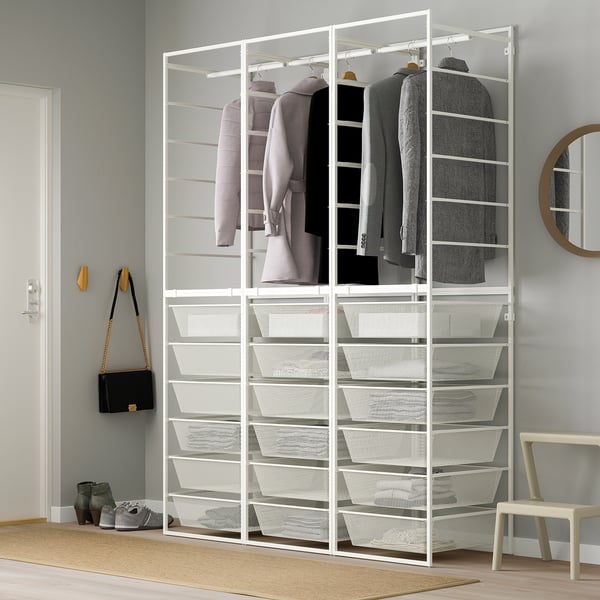 JONAXEL white metal wardrobe, large, stores clothes and accessories, fits corner neatly.