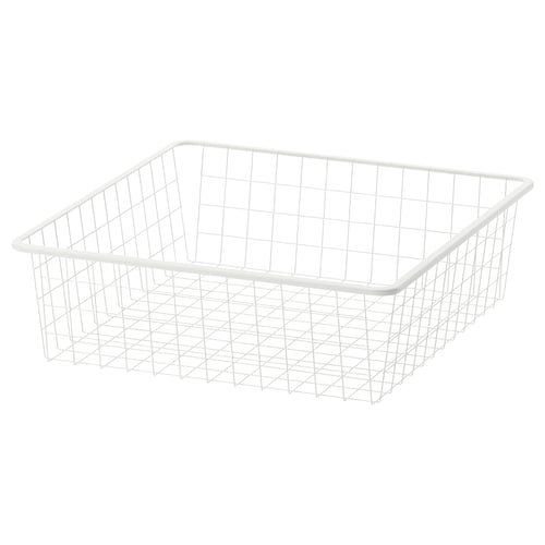 A white JONAXEL wire storage basket, rectangular, with a grid design for ventilation, ideal for organising and storing folded clothes or accessories.