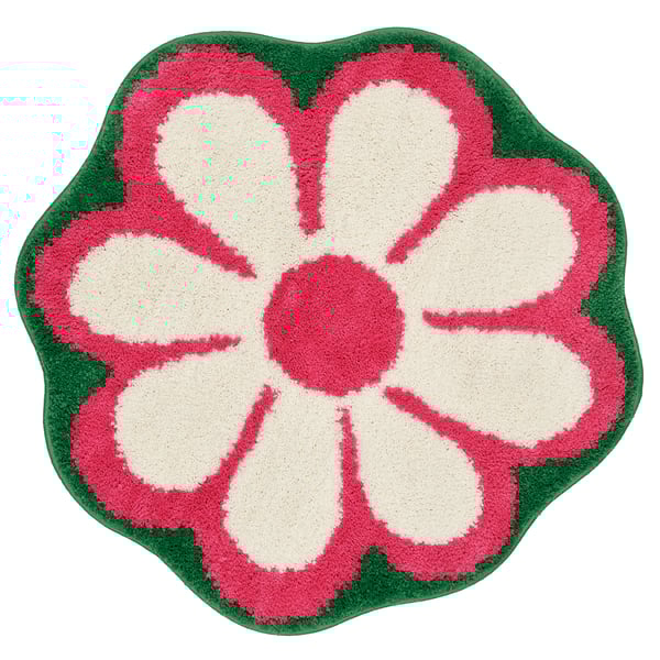 Fluffy flower-shaped bath rug, pink & white petals, green border, soft & warm, machine washable.