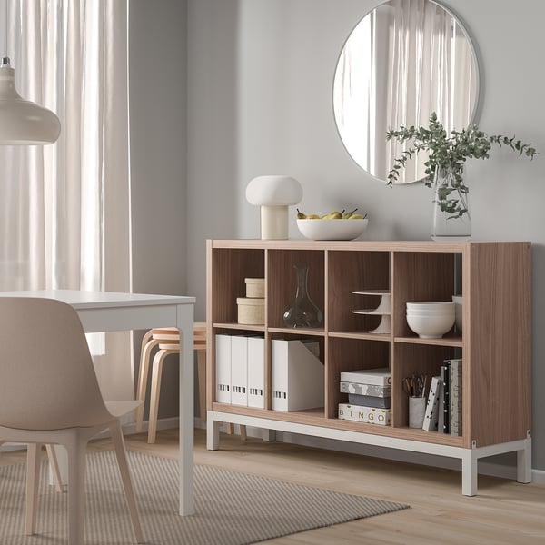 KALLAX Shelving unit with underframe, walnut effect/light grey white, 147x94 cm