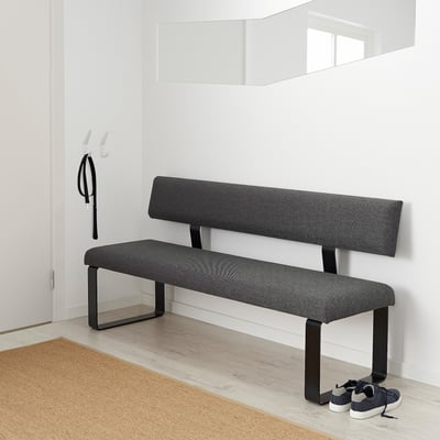 Modern bench with cushioned seat & back, ideal for hallways or living rooms, black metal legs.
