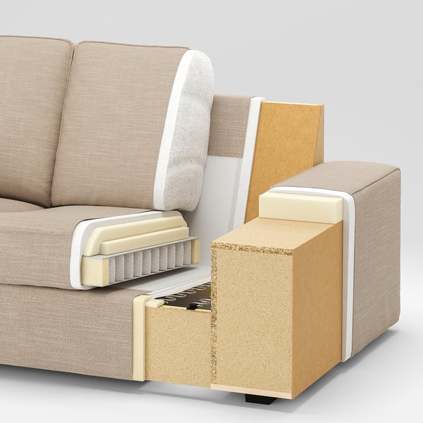 A sofas cross-section shows cotton, fiberboard, plywood, particleboard, foam, felt, springs, and polyester.