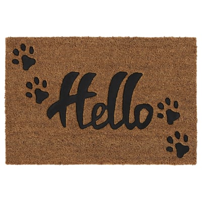 KÖLKÄR welcome mat, brown with black hello and paw prints, rectangular.