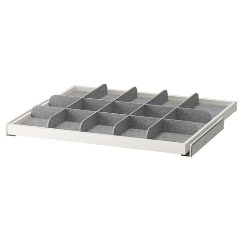 A KOMPLEMENT pull-out tray with multiple compartments. White fibreboard, grey divider, perfect for organising scarves and ties.