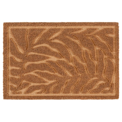 The KONTANTER doormat is natural brown, rectangular, with a 3d leaf pattern on coir fibre.