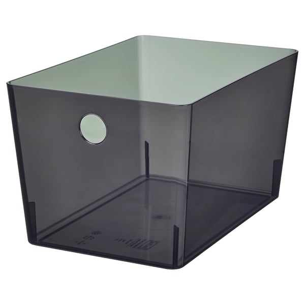 A dark grey KUGGIS storage box, made of recycled plastic, with a round handle and a sleek design.