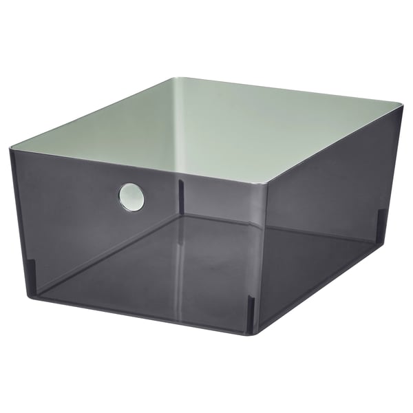 A KUGGIS box in dark grey, made of recycled pet plastic. It has a rectangular shape with a metal-like top and circular handle.