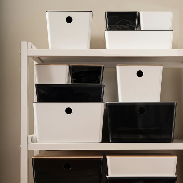 KUGGIS storage boxes on shelves, white colour, plastic material, rectangular shape, ordered size.