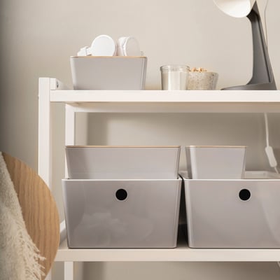 KUGGIS Box with lid, light grey/bamboo, 18x26x8 cm