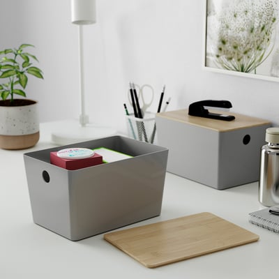 KUGGIS Box with lid, light grey/bamboo, 18x26x15 cm