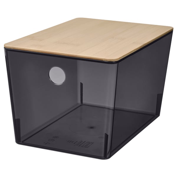 KUGGIS box: rectangular, dark grey plastic with wooden lid, slim design, stackable.