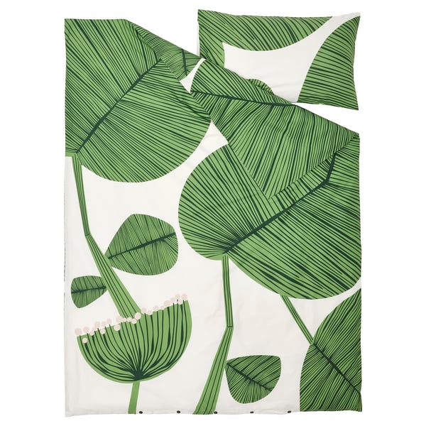KUNGSCISSUS Duvet cover and pillowcase, white/green, 150x200/50x80 cm