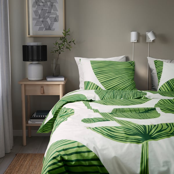 KUNGSCISSUS Duvet cover and pillowcase, white/green, 150x200/50x80 cm