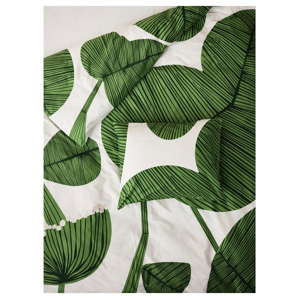 KUNGSCISSUS Duvet cover and pillowcase, white/green, 150x200/50x80 cm
