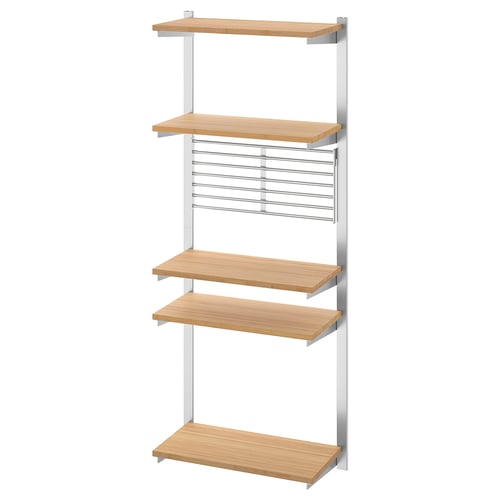 KUNGSFORS wall storage, bamboo shelves, stainless steel brackets.