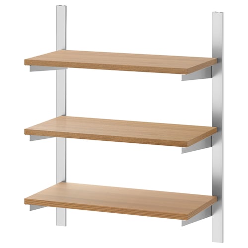 KUNGSFORS: three wooden shelves with silver brackets, sleek and modern, ideal for kitchen storage.
