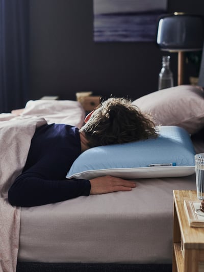 KVARNVEN cooling pillow for stomach sleepers, rectangular with zip detail.