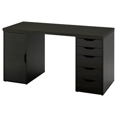 Black ikea desk with drawers and cupboard.