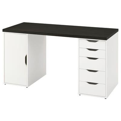 A white desk named LAGKAPTEN with a dark top, featuring drawers and a cabinet for storage.