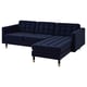 Dark blue velvet modular sofa with gold legs, deep seating, and tufted design.