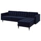 A dark blue, modern designed l-shaped sofa with tufted cushions and metal legs.