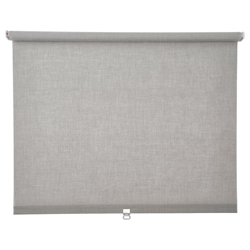 A LÅNGDANS roller blind in grey with a sleek, rectangular design made of recycled polyester for energy-saving privacy.