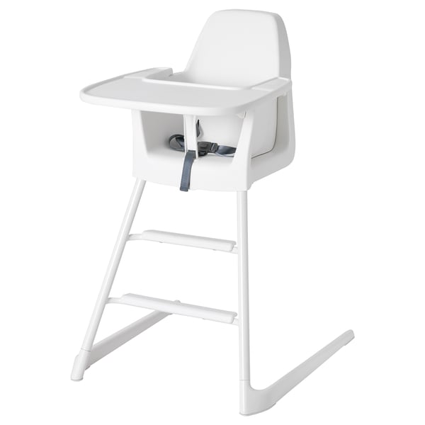 A white LANGUR high chair for babies, made of plastic, with a square tray.