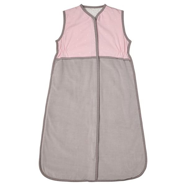 Light pink baby sleep bag with grey trim, sleeveless, zip front, soft velour and cotton.