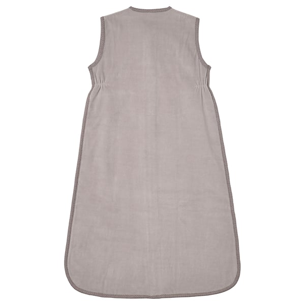 A light pink baby sleep bag with a soft velour exterior and a cotton jersey interior. It a zip closure and sleeveless design for comfort.