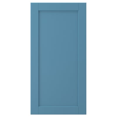 Blue kitchen door with wood frame