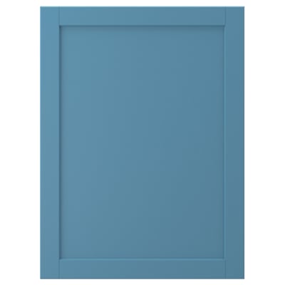 LERHYTTAN cabinet door in blue with wooden frame, rectangular, classic design.