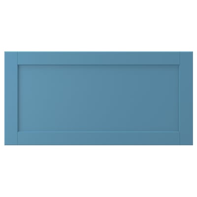 LERHYTTAN blue drawer front with wooden frame and bevelled edges.