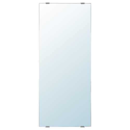 A LETTAN mirror. Its rectangular, colourless, with a modern design. Made of glass and plastic foil, it can be hung vertically or horizontally.