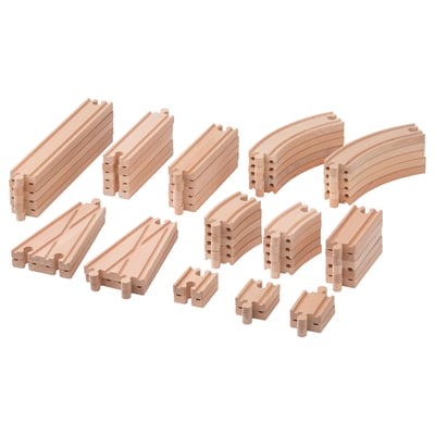 Light wooden train tracks in varying lengths and curves, neatly arranged. Beech material, natural finish, designed for toy train sets.