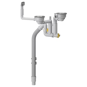 A LILLVIKEN grey plumbing system with tubes and a strainer made of white plastic and stainless steel. It includes a flexible hose and a cleaning plug.
