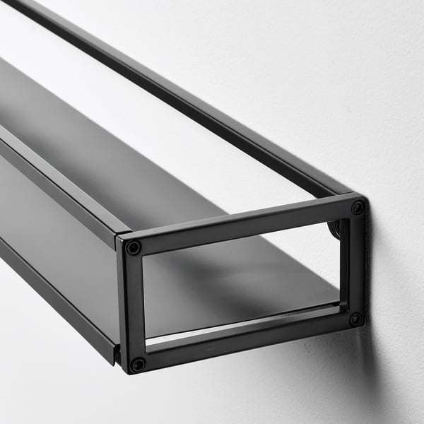 Modern dark steel wall shelf, sturdy design, clean lines, minimalist style.