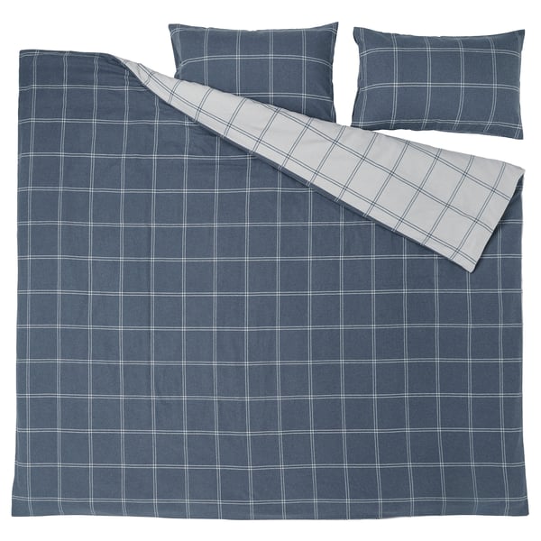 LINDDVÄRGMAL Duvet cover and 2 pillowcases, blue/check, 240x220/50x80 cm
