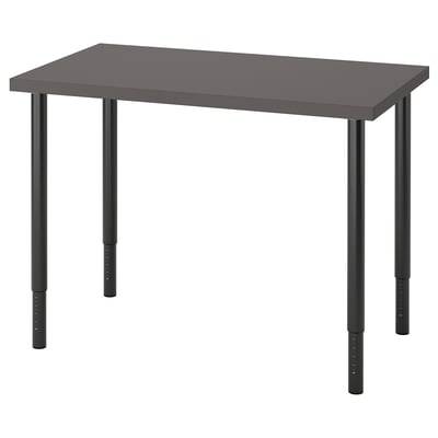 Displays a LINNMON table. Its black with height-adjustable legs. Built for versatility and durability, it a modern, rectangular design.