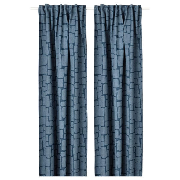 LÖNNSTÄVMAL blue jacquard block-out curtains, elegant pattern, hang neatly, light-blocking.