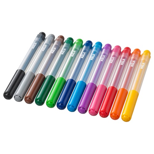 A set of 12 MÅLA markers in various colours, transparent barrels, coloured tips, and plastic caps. Ideal for childrens creative activities.