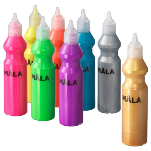 Seven colourful MÅLA paint bottles with ergonomic design.
