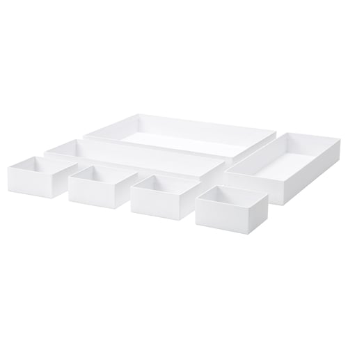 White MALAREN storage boxes. They come in different sizes and shapes, made from recycled paperboard, ideal for organising drawers.