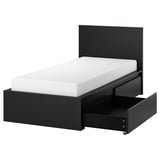 MALM Bed frame, high, w 2 storage boxes, black-brown/Leirsund, 90x200 cm