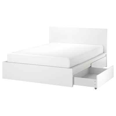A white MALM bed with a high headboard and two large drawers for storage.