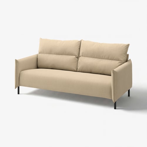 A beige-colored MANNARP sofa with a modern design, featuring a fabric cover and metal legs.