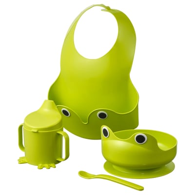 Bright green baby mealtime set, featuring a bib, cup, bowl, spoon, all with fun frog designs. Made of safe, durable plastic.